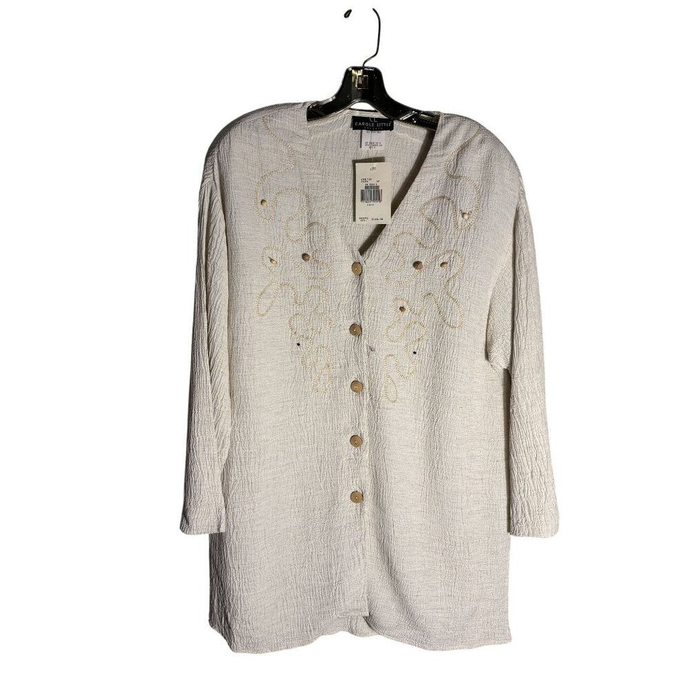 Carole Little Embroidered Button-Down Cream Tunic Rayon/Linen Blend Size 8 - Picture 1 of 9